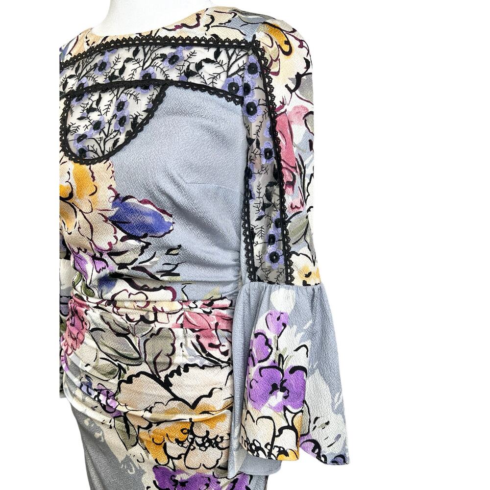 Tracy Reese Womens Size 0 Floral Lace 3/4 Sleeve Ruched Sheath Dress Grey Violet - Picture 9 of 16